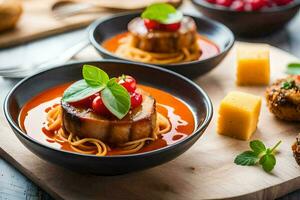 a wooden cutting board with pasta, meat and cheese. AI-Generated photo