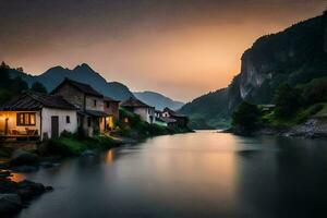 photo wallpaper the sky, mountains, river, house, the village, the river, the village. AI-Generated