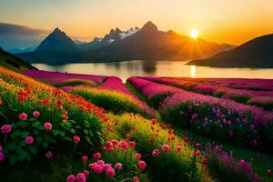 the sun sets over a field of flowers and mountains. AI-Generated photo