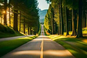 a long road with trees and mountains in the background. AI-Generated photo