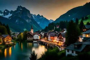 photo wallpaper mountains, the night, the village, the river, the mountains, the village,. AI-Generated