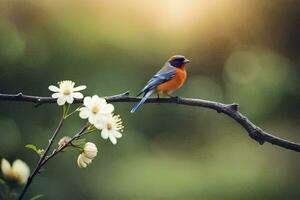 photo wallpaper the sun, flowers, bird, spring, the tree, the bird, the bird. AI-Generated