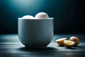 three eggs in a cup on a table. AI-Generated photo