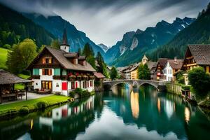 photo wallpaper the sky, mountains, water, house, river, village, house, house,. AI-Generated