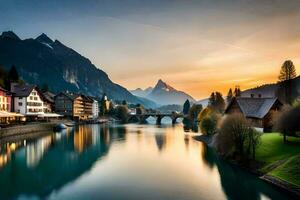 the sun sets over a river and mountains in switzerland. AI-Generated photo