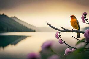 a bird sits on a branch near a lake. AI-Generated photo