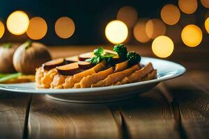 un plato de comida con vegetales y carne en un de madera mesa. generado por ai foto