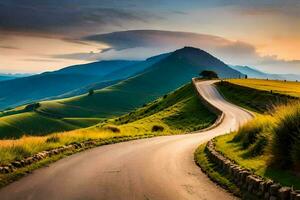 a winding road in the mountains with a sunset. AI-Generated photo