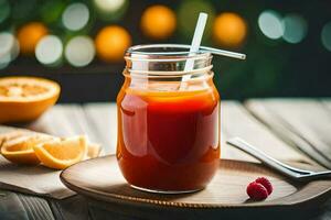 a glass jar with orange juice and raspberries. AI-Generated photo