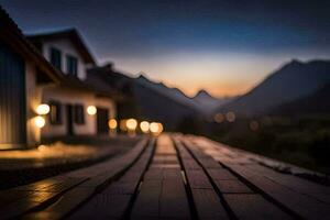 a wooden walkway in front of a house at night. AI-Generated photo