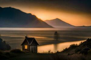 a small house sits on the edge of a lake at sunset. AI-Generated photo