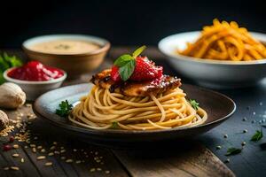 spaghetti with tomato sauce and cheese on a wooden table. AI-Generated photo