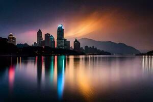 the city skyline at night with a reflection in the water. AI-Generated photo