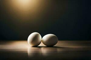 dos huevos en un mesa con un ligero detrás a ellos. generado por ai foto