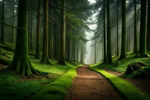 un camino mediante un bosque con cubierto de musgo arboles generado por ai foto