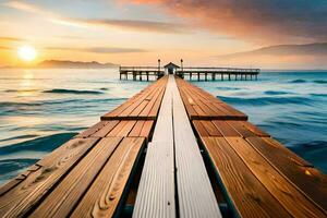 un de madera muelle estiramientos fuera dentro el Oceano a puesta de sol. generado por ai foto