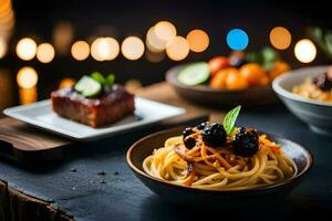 spaghetti with blackberries and blackberries on a table. AI-Generated photo