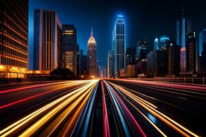 un ciudad calle a noche con ligero caminos. generado por ai foto