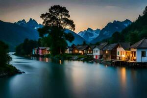 photo wallpaper the sky, mountains, water, houses, lake, mountains, house, river,. AI-Generated