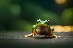 a frog sitting on a wooden surface with a blurry background. AI-Generated photo