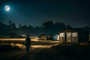 a man walks down a dirt road at night with a full moon in the background. AI-Generated photo