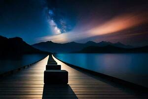 a long pier with a lake and mountains in the background. AI-Generated photo