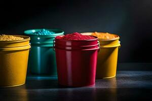 colorful buckets of paint on a dark background. AI-Generated photo