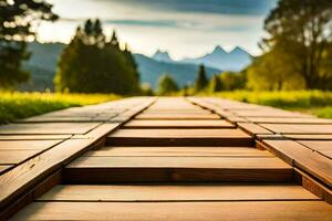 wooden walkway in the mountains. AI-Generated photo