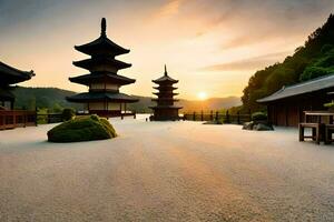 the sun sets behind a pagoda in the middle of a japanese garden. AI-Generated photo