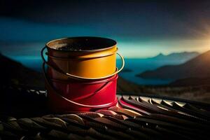 a red and yellow bucket sitting on top of a mountain. AI-Generated photo