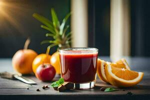 a glass of juice with oranges, apples and cinnamon. AI-Generated photo