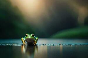 a frog sitting on the ground in the water. AI-Generated photo