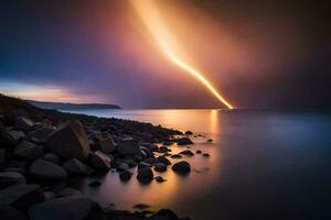 a long exposure photograph of a light trail over the ocean. AI-Generated photo