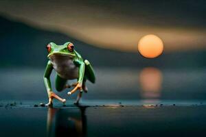 a frog is standing on the water with the sun setting behind it. AI-Generated photo
