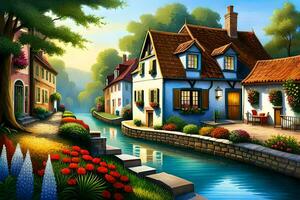 a painting of a small town with a river and flowers. AI-Generated photo