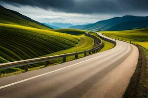a long road with green hills and a cloudy sky. AI-Generated photo