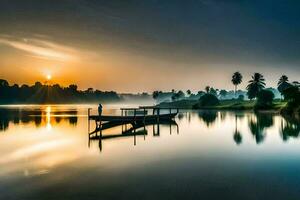 a boat is docked on the water at sunset. AI-Generated photo