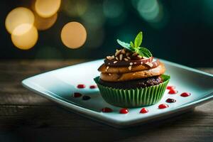 a cupcake with chocolate frosting and nuts on a white plate. AI-Generated photo