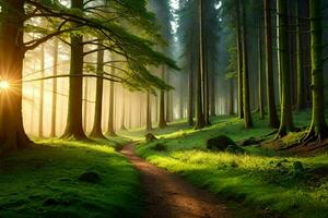 photo wallpaper forest, the sun, trees, path, green, path, trees, forest,. AI-Generated