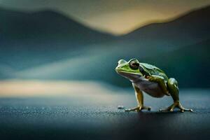 a frog is standing on the ground in front of a mountain. AI-Generated photo