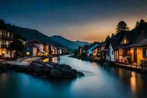 a river runs through a town at dusk. AI-Generated photo