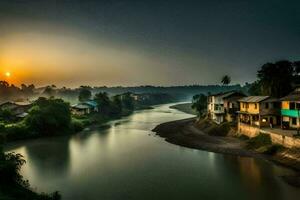 the sun rises over a river in a village. AI-Generated photo