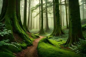 un camino mediante un verde bosque con cubierto de musgo arboles generado por ai foto