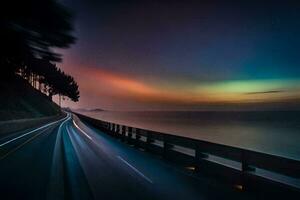 a long exposure photo of a road with a colorful sky. AI-Generated