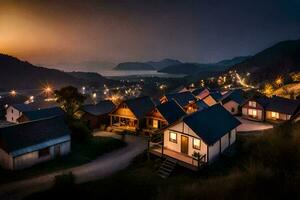 a village at night with lights on the roofs. AI-Generated photo