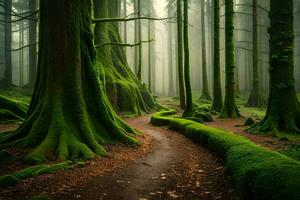 un camino mediante un verde bosque con cubierto de musgo arboles generado por ai foto