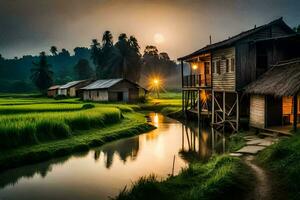 un casa y un río en el medio de un arroz campo. generado por ai foto