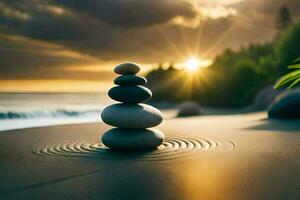 zen piedras en el playa a puesta de sol. generado por ai foto