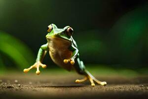 a frog jumping on the ground. AI-Generated photo