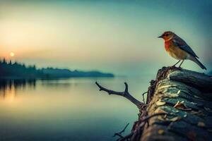 un pájaro se sienta en un Iniciar sesión cerca el agua a puesta de sol. generado por ai foto